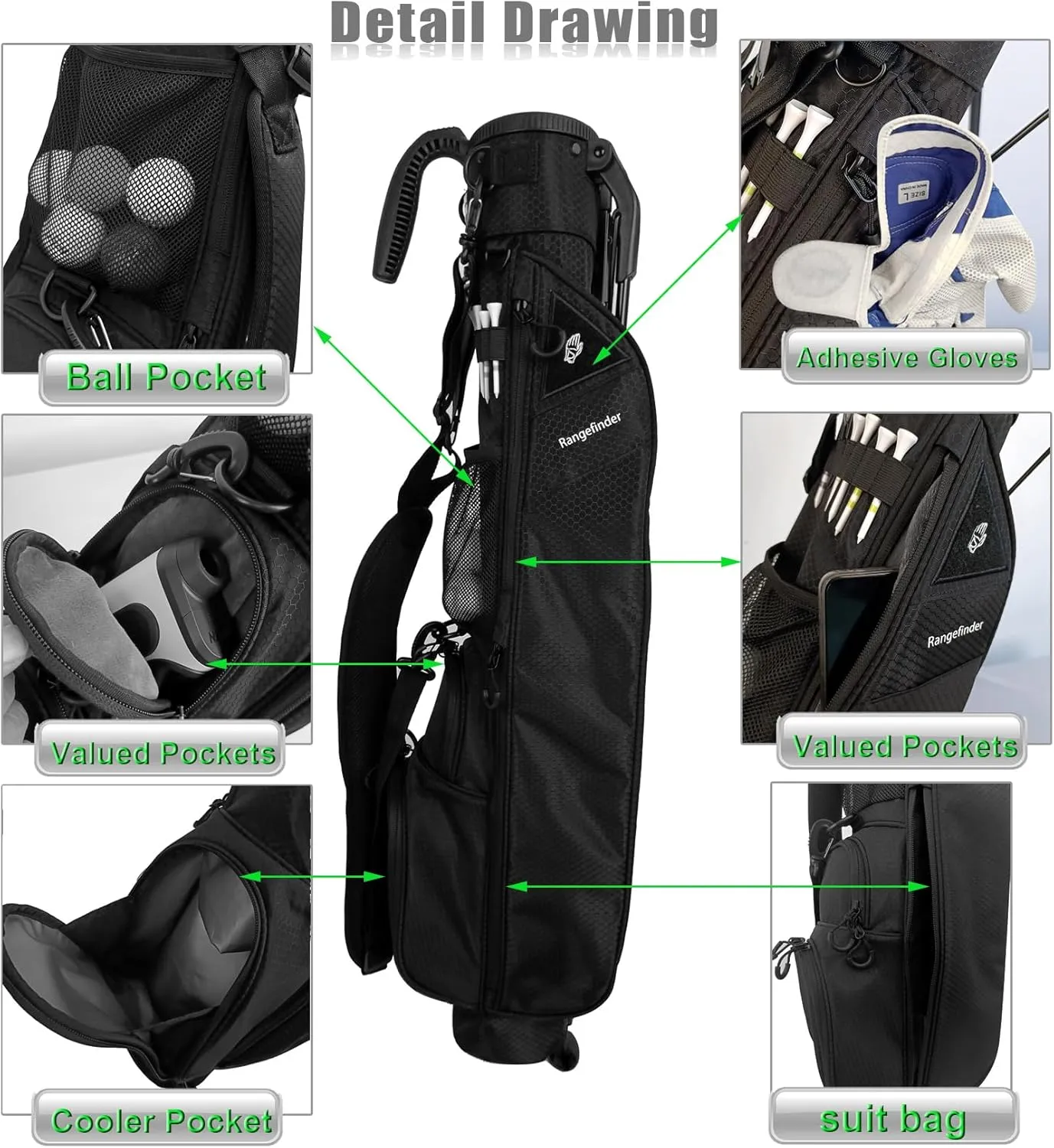 Sunday Golf Bag with 3-Point Strap & Stand  Lightweight Carry Bag with Cooler Pocket, Dual Valuables Pouches, Magnetic Tool Holder  Holds 5-6 Clubs for Par 3, Walking & Travel