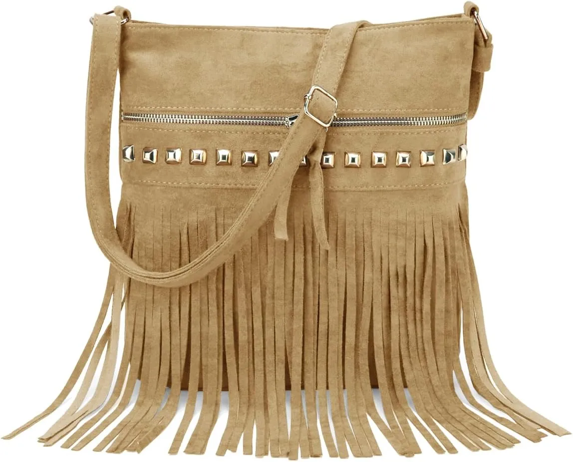 Sunwel Fashion Western Fringe Bag Cowgirl Purse Faux Suede Crossbody Bag with Tassel Country Outfit for Women (beige)