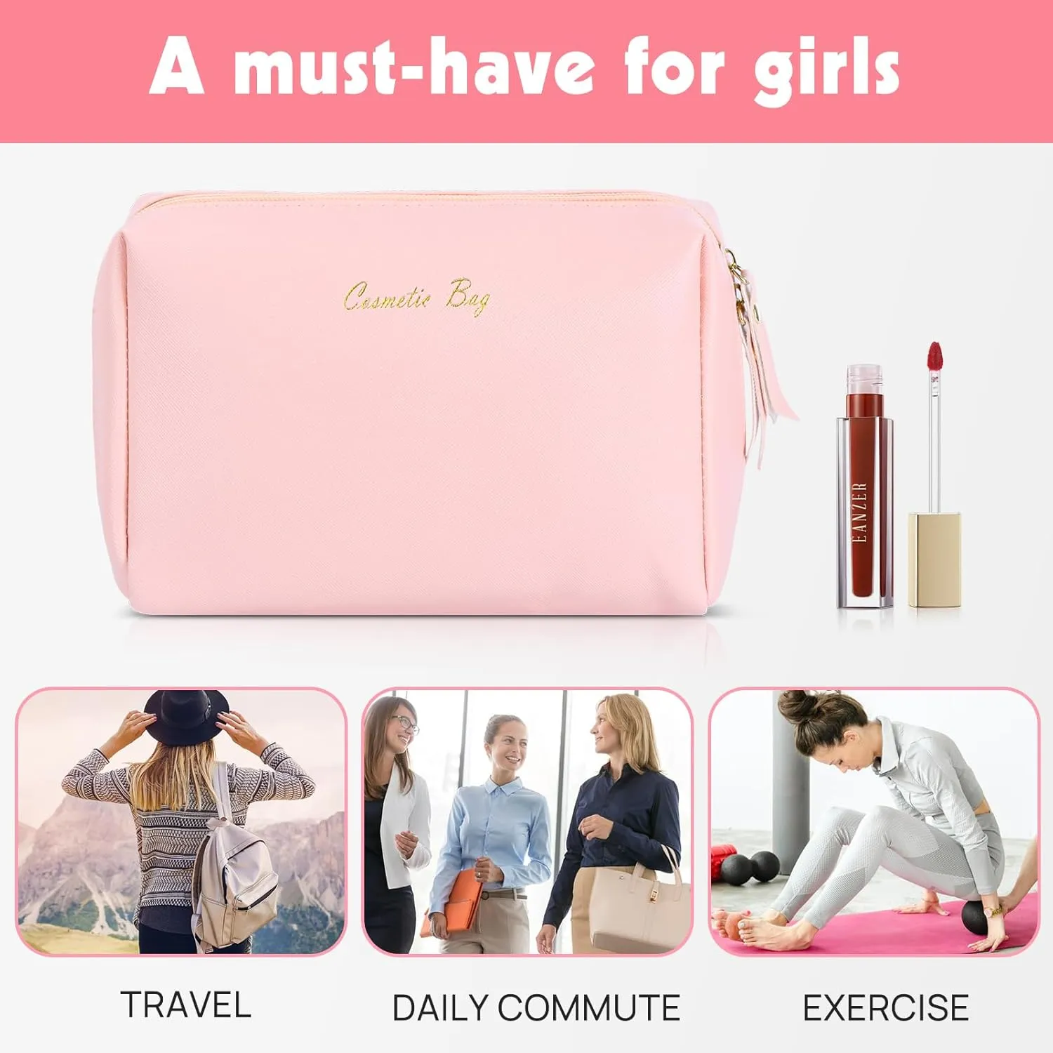 Topwey Makeup Bag, Travel Essentials Cosmetic Bags for Women, Waterproof Portable Pouch travel toiletry bag with Divider (Pink, Small)