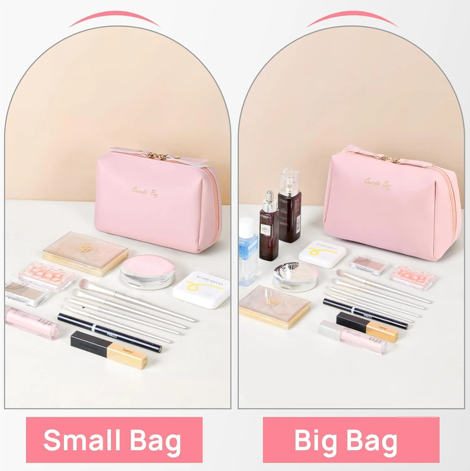 Topwey Makeup Bag, Travel Essentials Cosmetic Bags for Women, Waterproof Portable Pouch travel toiletry bag with Divider (Pink, Small)