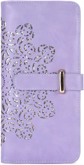 Ultra Slim RFID Wallet Women Thin Clutch Bifold Compact Long Womens Coin Wallet with Hollow Out Mandala PURPLE