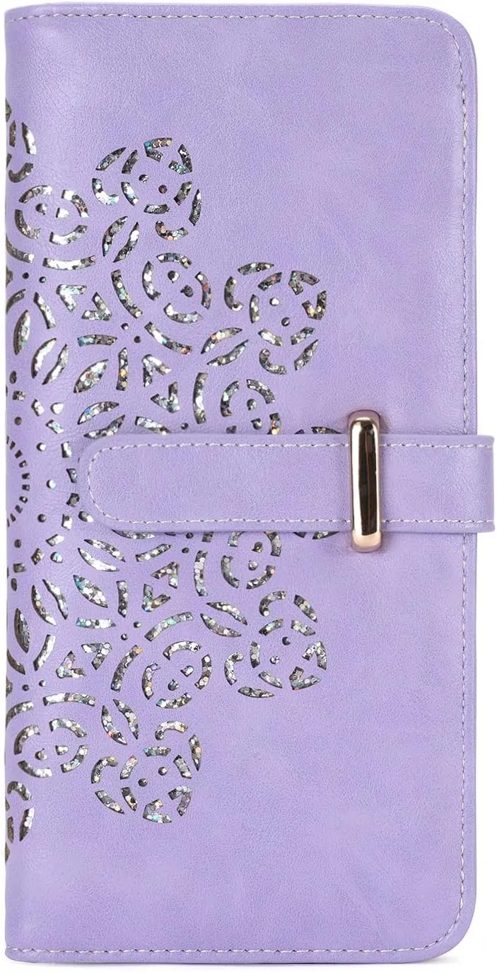 Ultra Slim RFID Wallet Women Thin Clutch Bifold Compact Long Womens Coin Wallet with Hollow Out Mandala PURPLE
