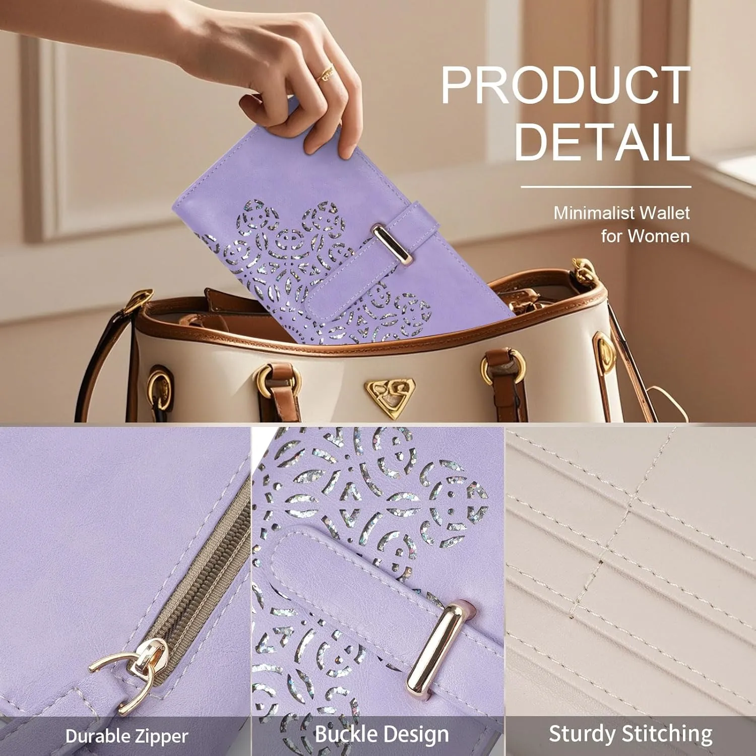 Ultra Slim RFID Wallet Women Thin Clutch Bifold Compact Long Womens Coin Wallet with Hollow Out Mandala PURPLE