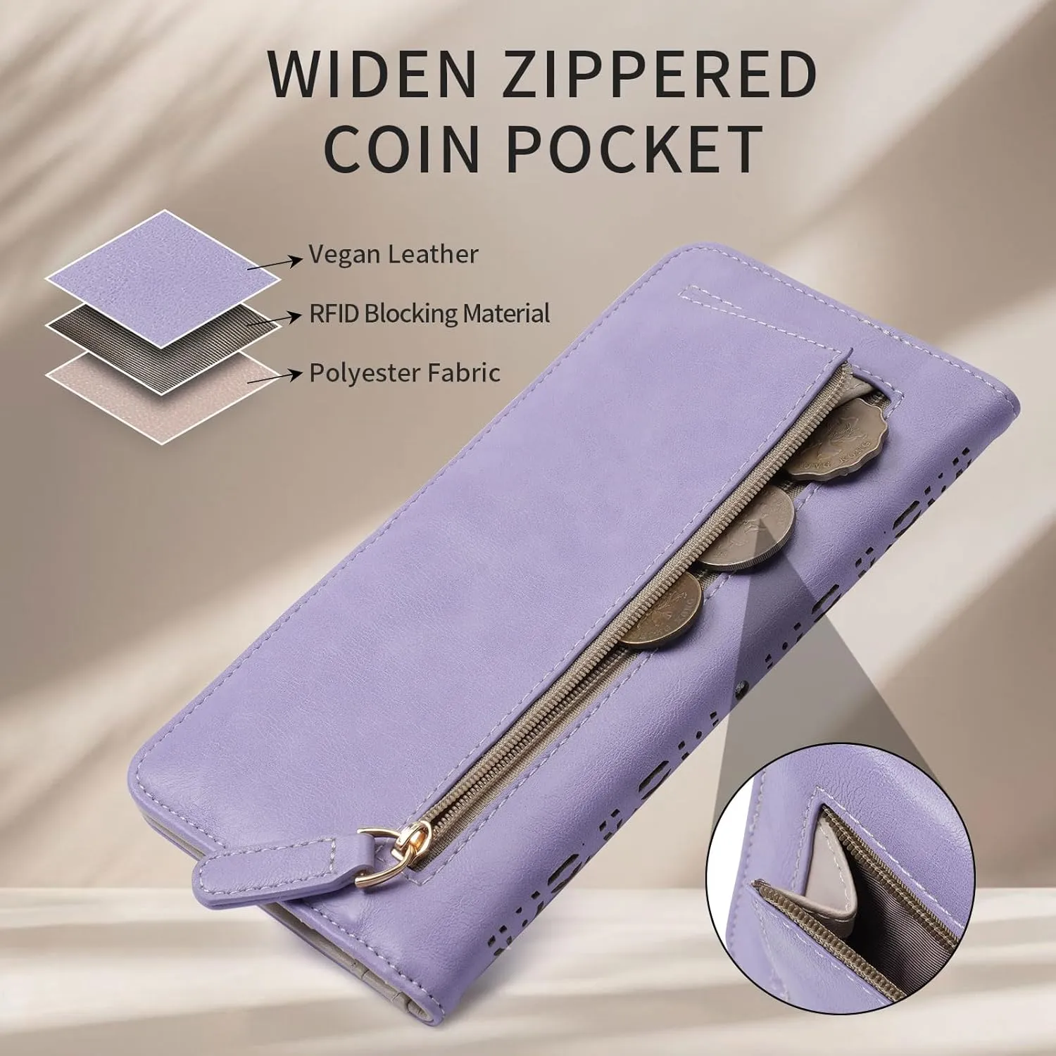 Ultra Slim RFID Wallet Women Thin Clutch Bifold Compact Long Womens Coin Wallet with Hollow Out Mandala PURPLE