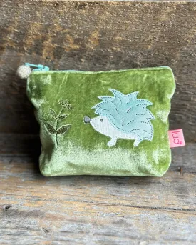 Velvet Embroidered Hedgehog Mini Coin Purse - Green