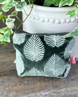 Velvet Embroidered Leaf Mini Coin Purse - Charcoal