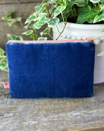 Velvet Embroidered Palm Leaf Coin Purse - Denim Blue