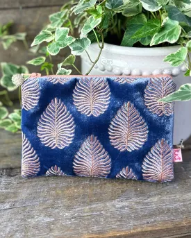 Velvet Embroidered Palm Leaf Coin Purse - Denim Blue