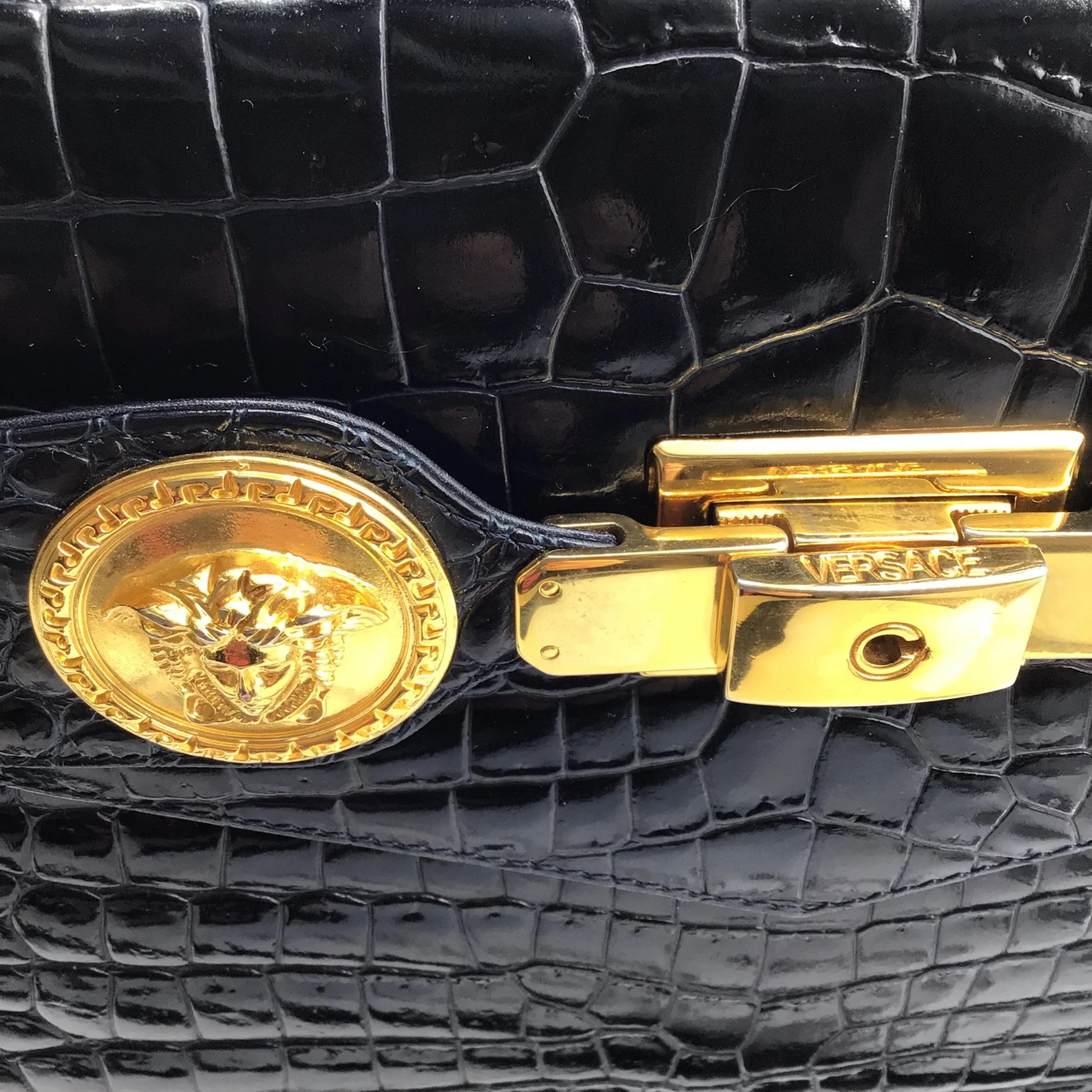 Versace Vintage 80's Croc Embossed Black Leather Satchel