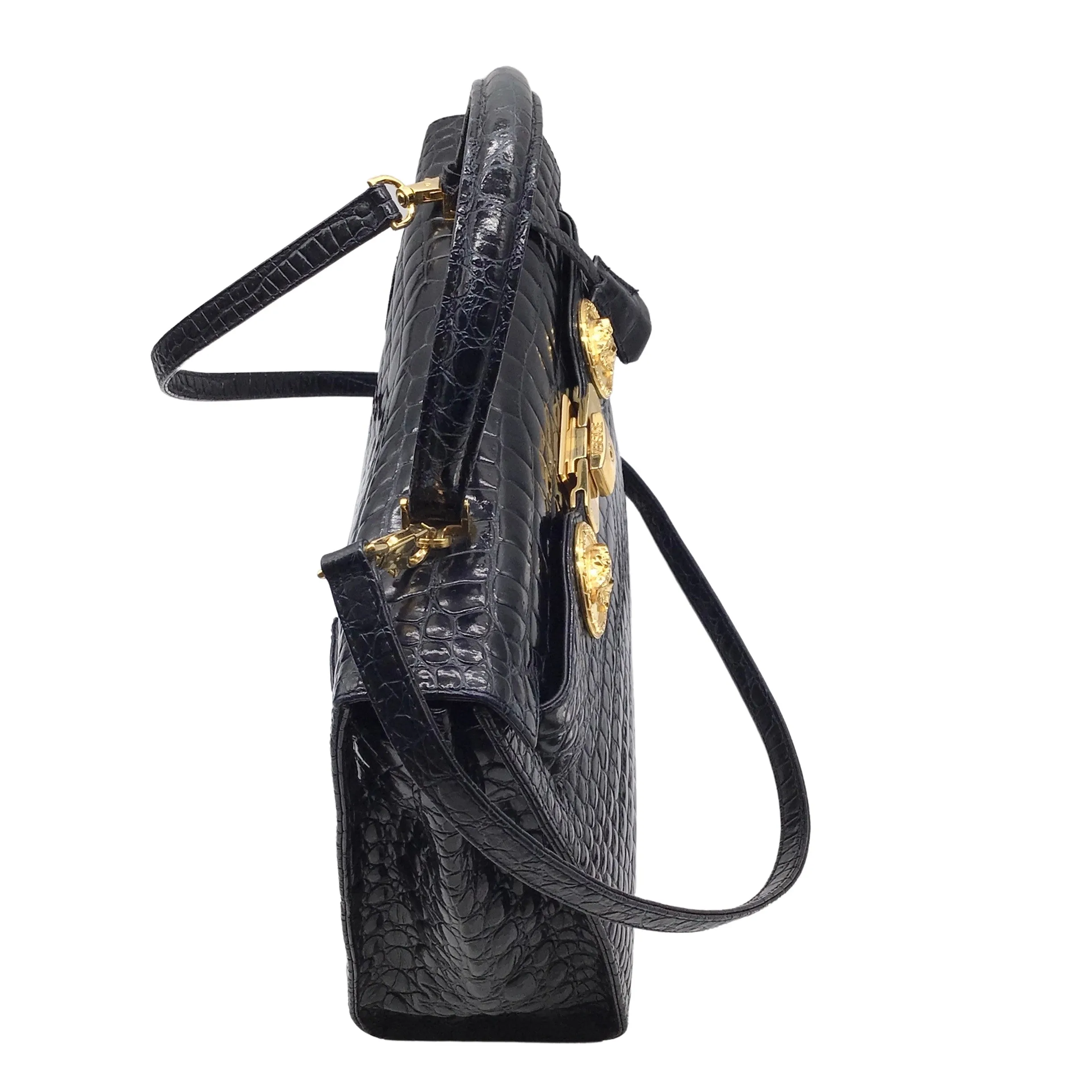 Versace Vintage 80's Croc Embossed Black Leather Satchel