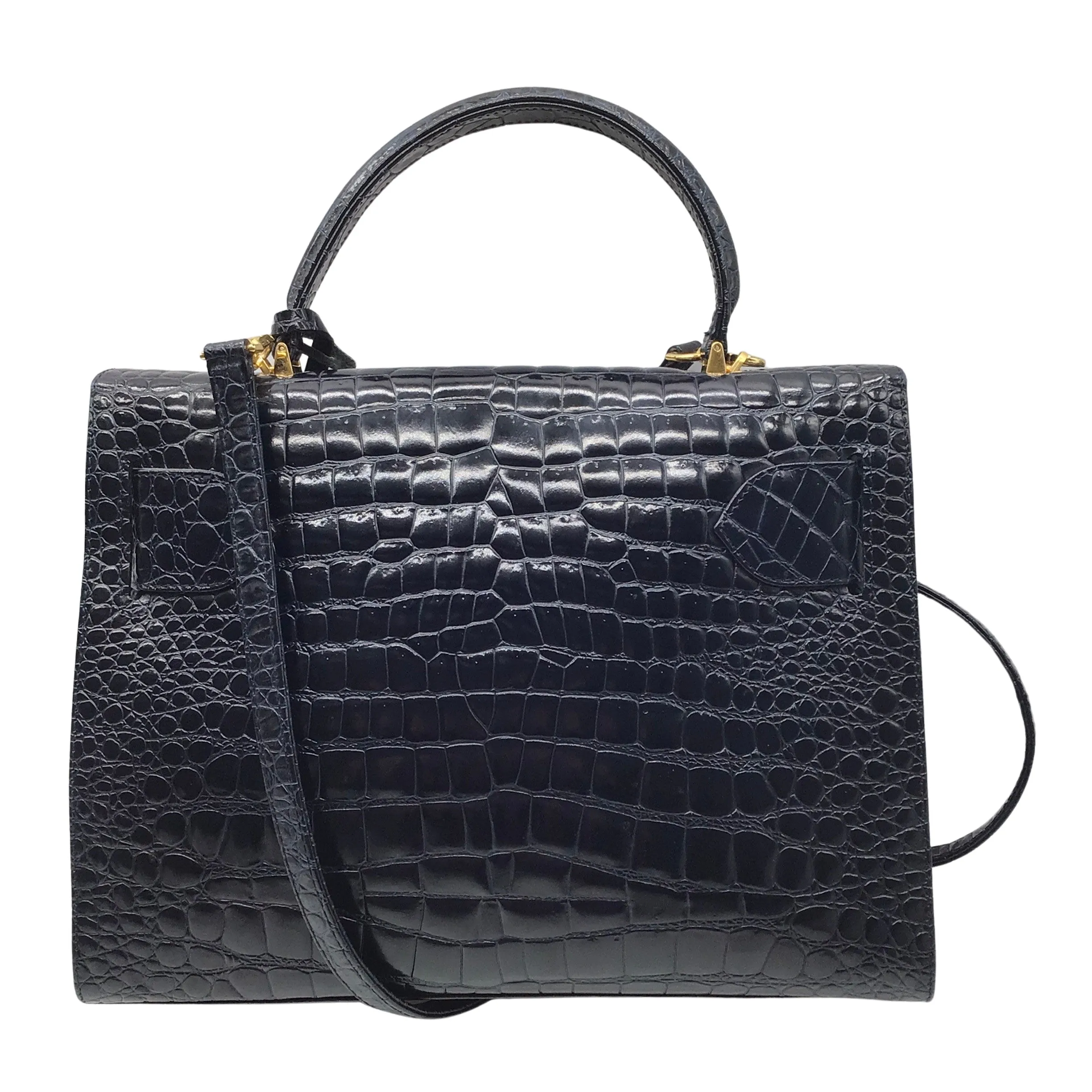 Versace Vintage 80's Croc Embossed Black Leather Satchel