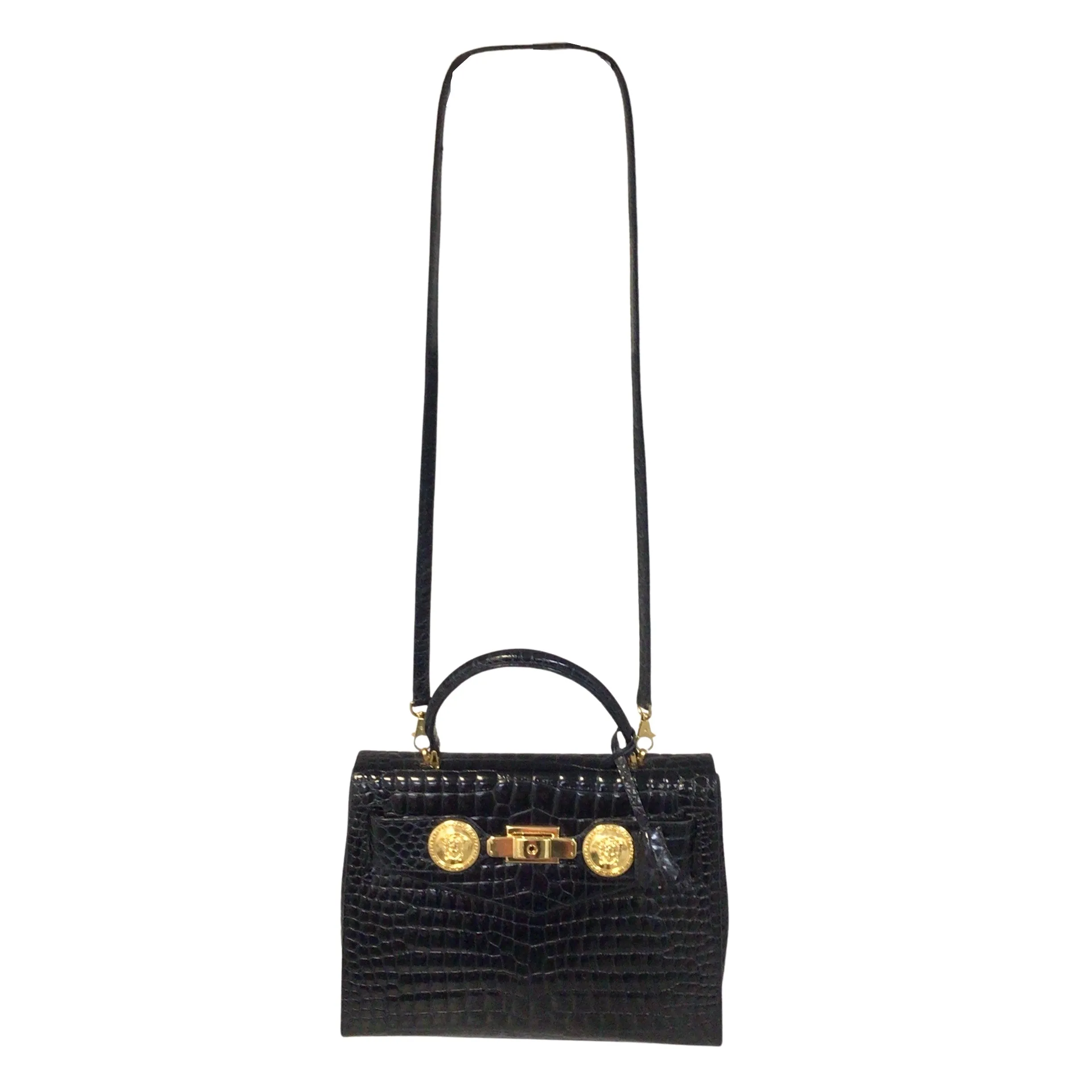 Versace Vintage 80's Croc Embossed Black Leather Satchel