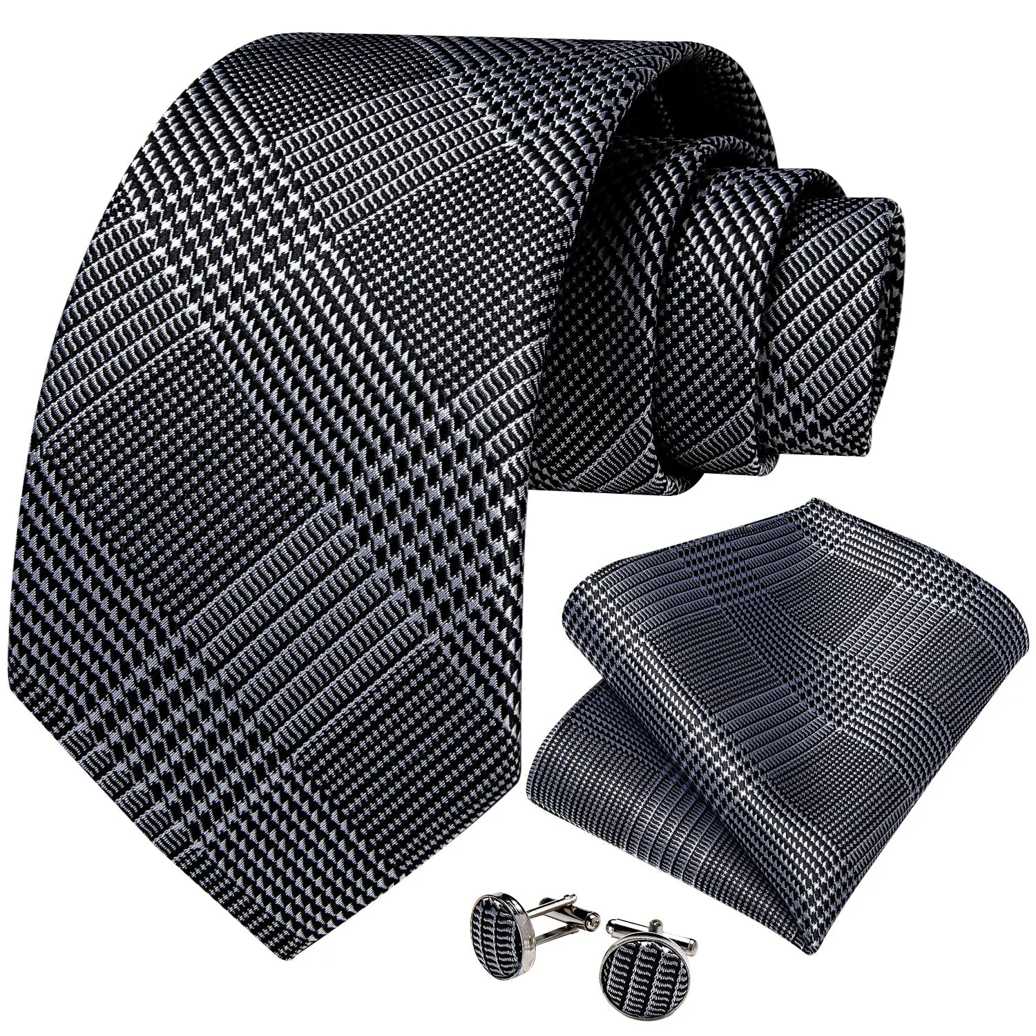 White Black Plaid Tie Pocket Square Cufflinks Set with Spacious Ring