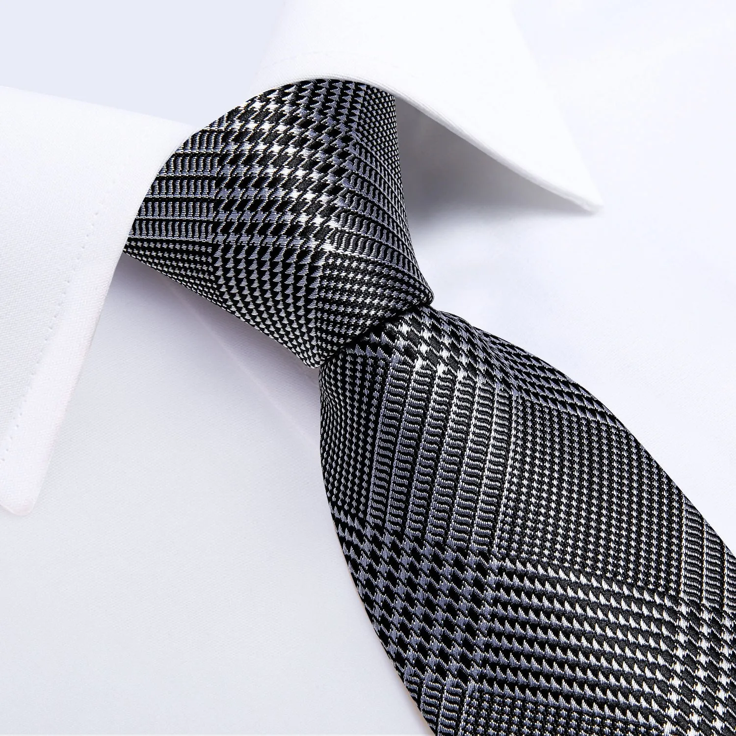 White Black Plaid Tie Pocket Square Cufflinks Set with Spacious Ring