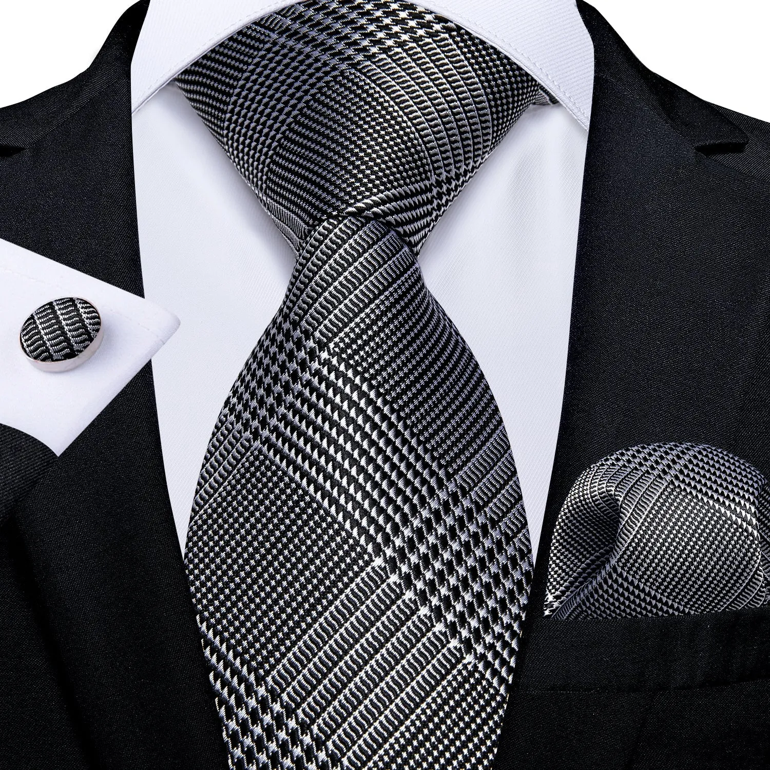 White Black Plaid Tie Pocket Square Cufflinks Set with Spacious Ring