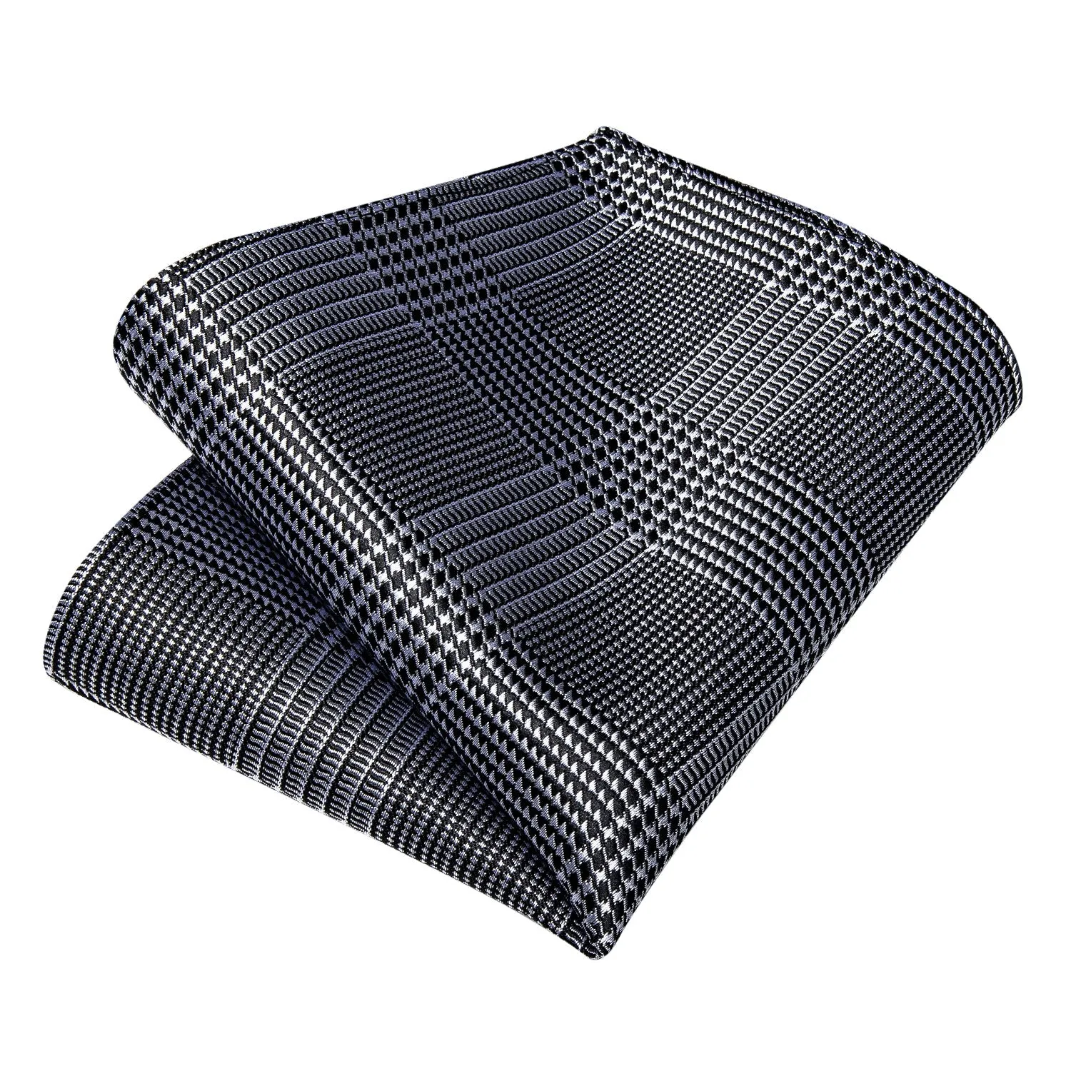 White Black Plaid Tie Pocket Square Cufflinks Set with Spacious Ring