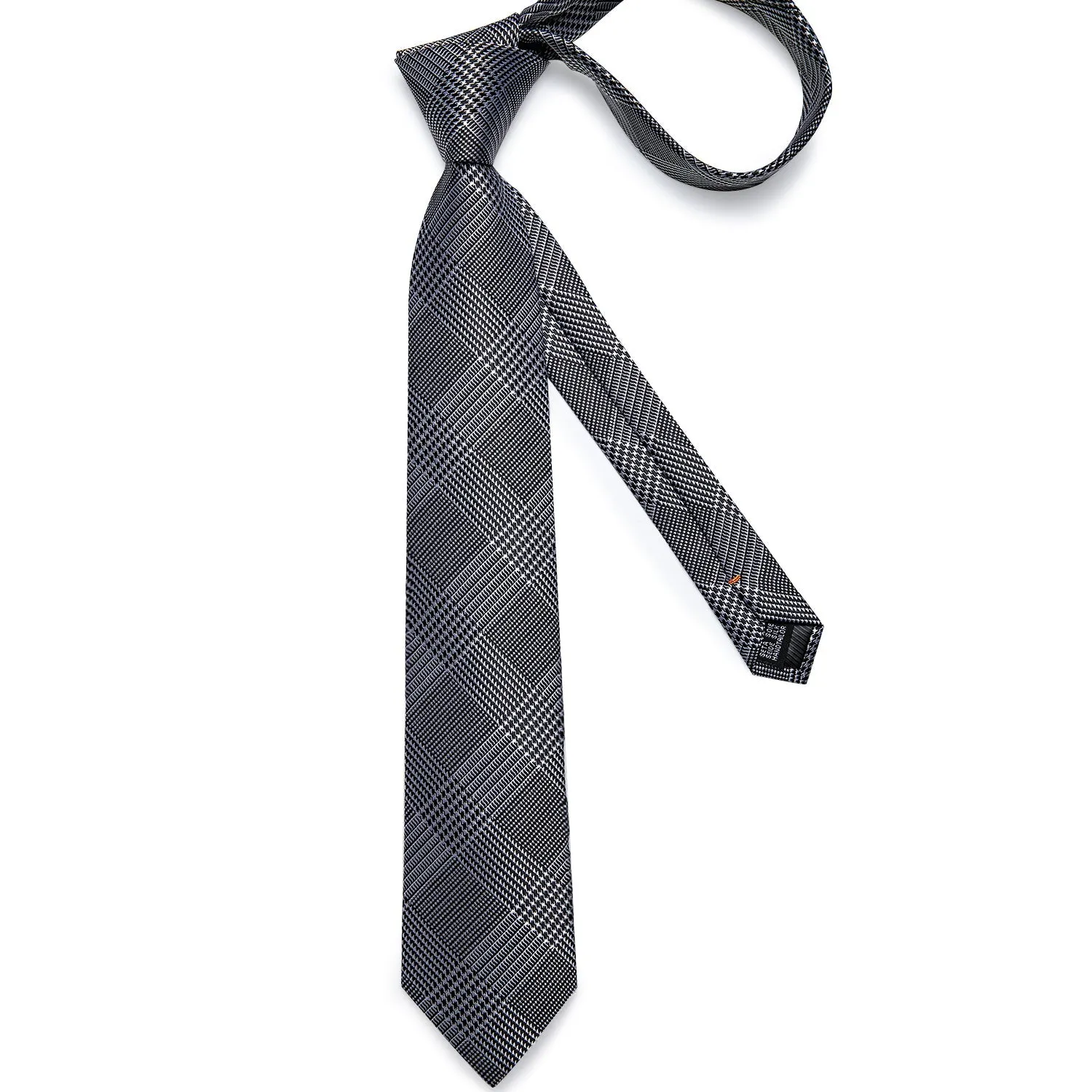 White Black Plaid Tie Pocket Square Cufflinks Set with Spacious Ring