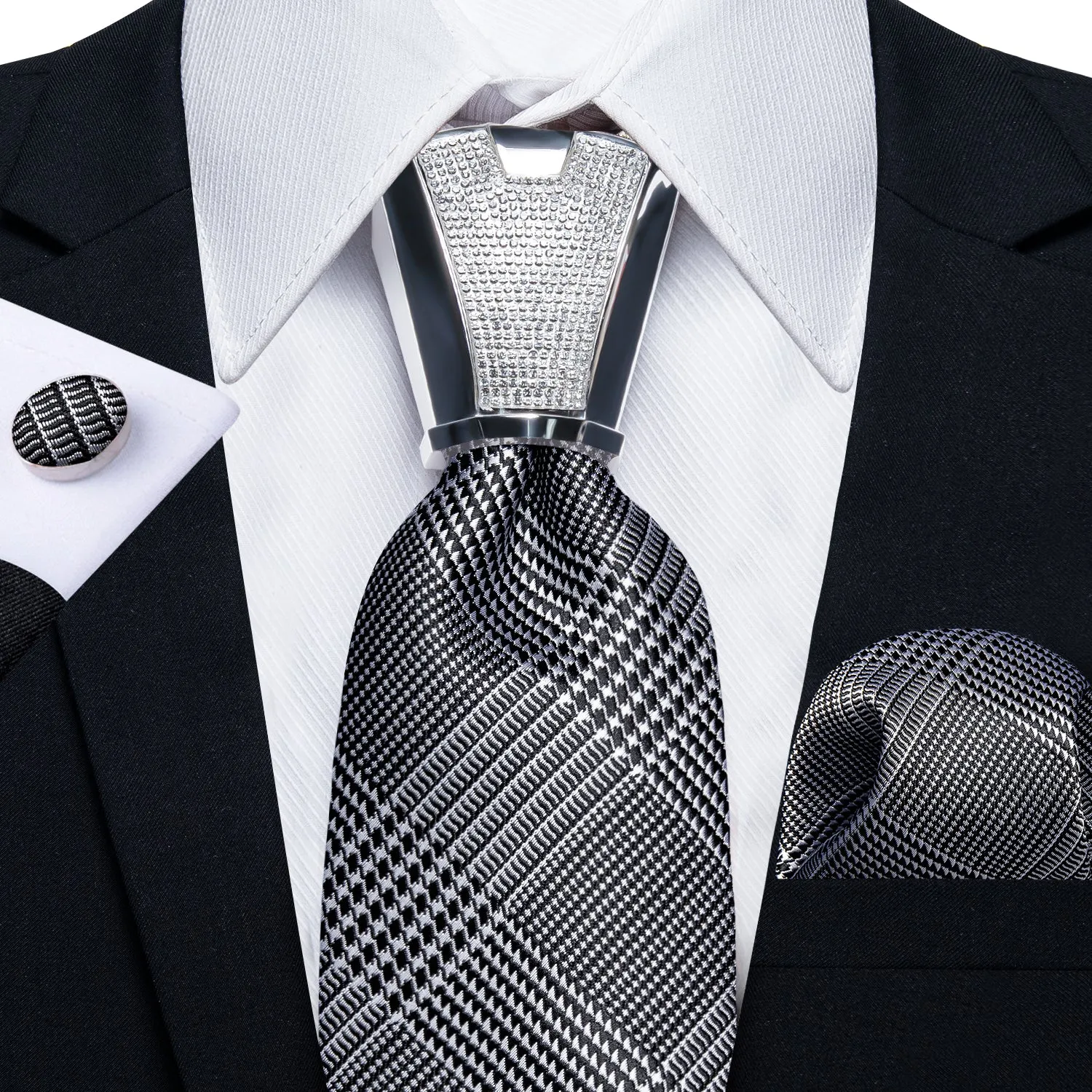 White Black Plaid Tie Pocket Square Cufflinks Set with Spacious Ring