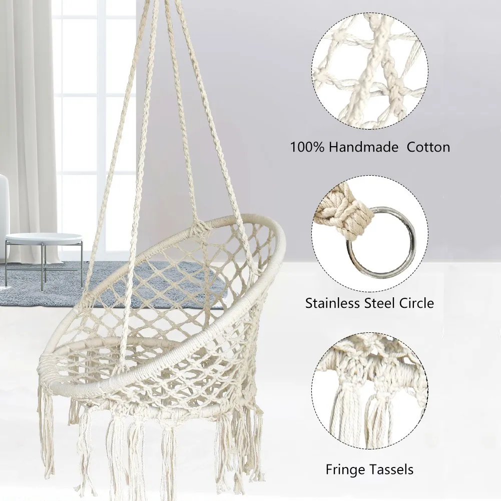 White  Hanging Hammock Chair Macrame Swing - BHORMS
