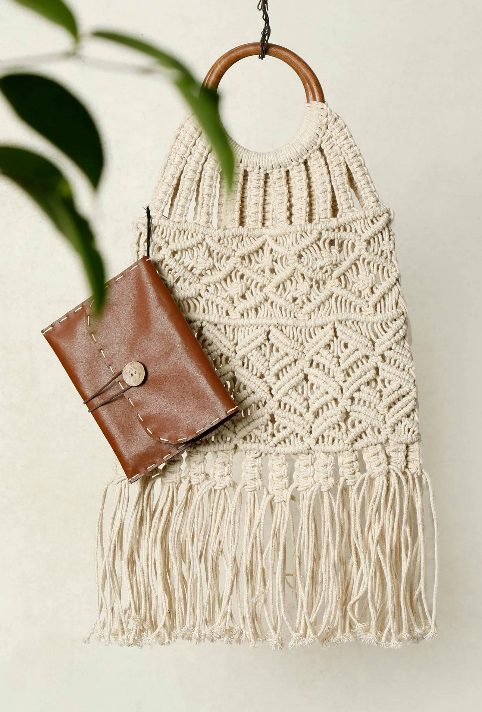White Macrame Woven Bag With Cruelty-Free Leather  Pouch