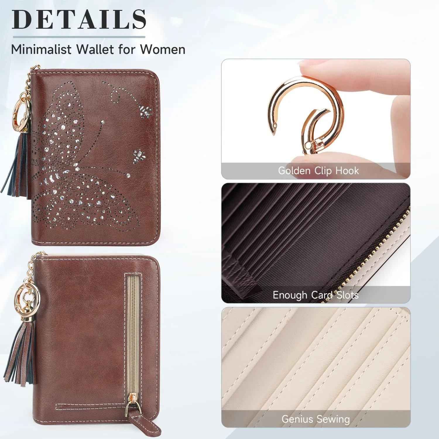 Women RFID Blocking Small Bifold Wallet, Compact Cash Clutch with Zipper Coin Pocket, Glittery Butterfly Design, Credit Card Holder, Travel Purse with Tassel COFFEE