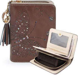 Women RFID Blocking Small Bifold Wallet, Compact Cash Clutch with Zipper Coin Pocket, Glittery Butterfly Design, Credit Card Holder, Travel Purse with Tassel COFFEE
