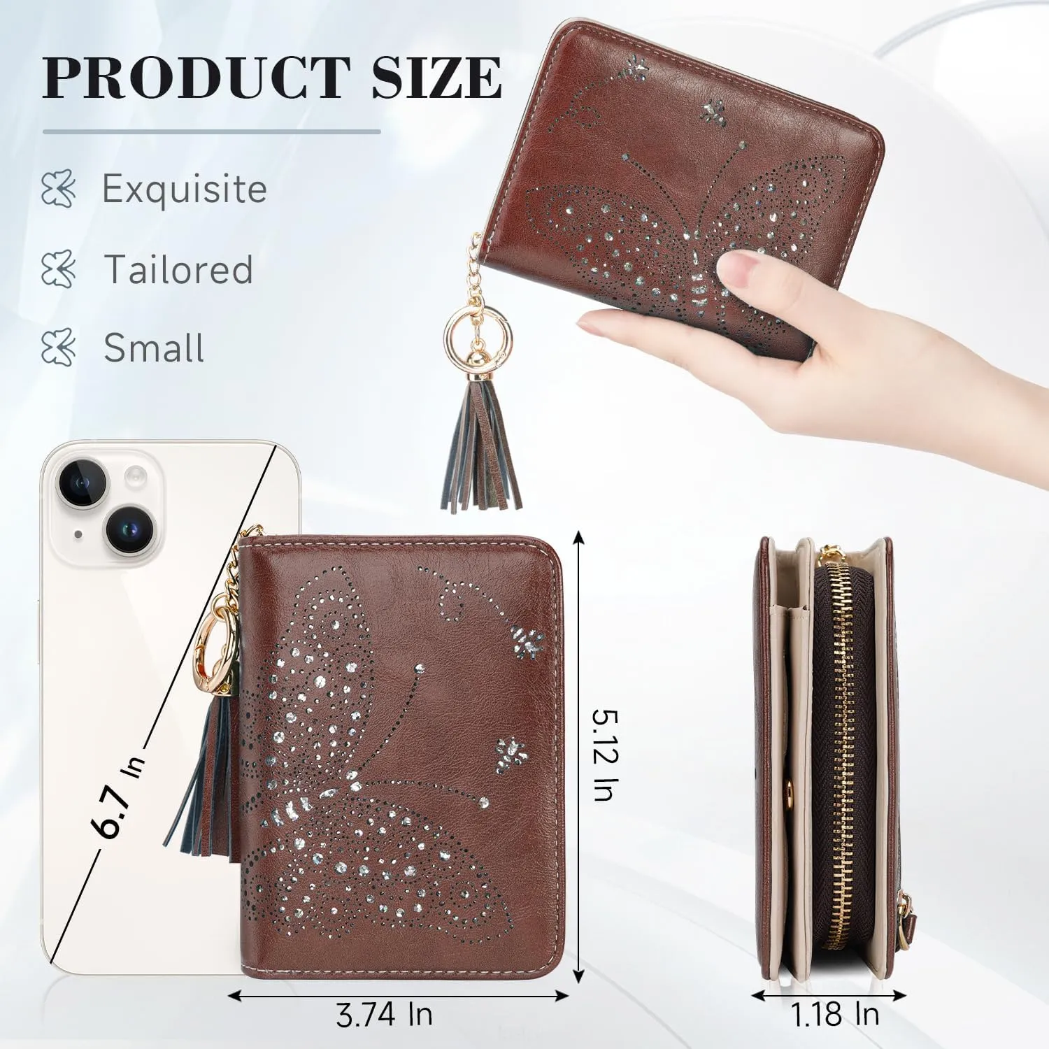 Women RFID Blocking Small Bifold Wallet, Compact Cash Clutch with Zipper Coin Pocket, Glittery Butterfly Design, Credit Card Holder, Travel Purse with Tassel COFFEE
