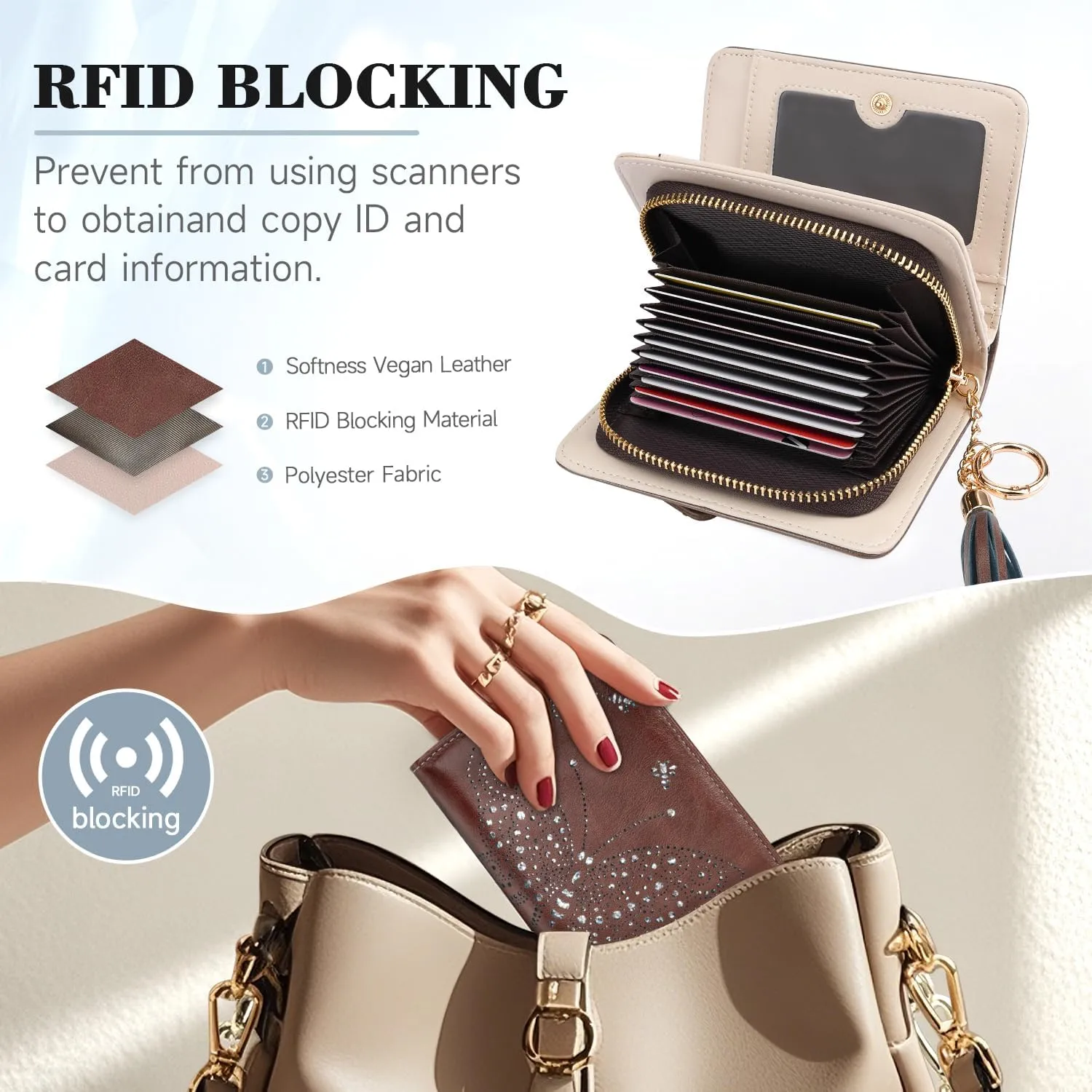 Women RFID Blocking Small Bifold Wallet, Compact Cash Clutch with Zipper Coin Pocket, Glittery Butterfly Design, Credit Card Holder, Travel Purse with Tassel COFFEE