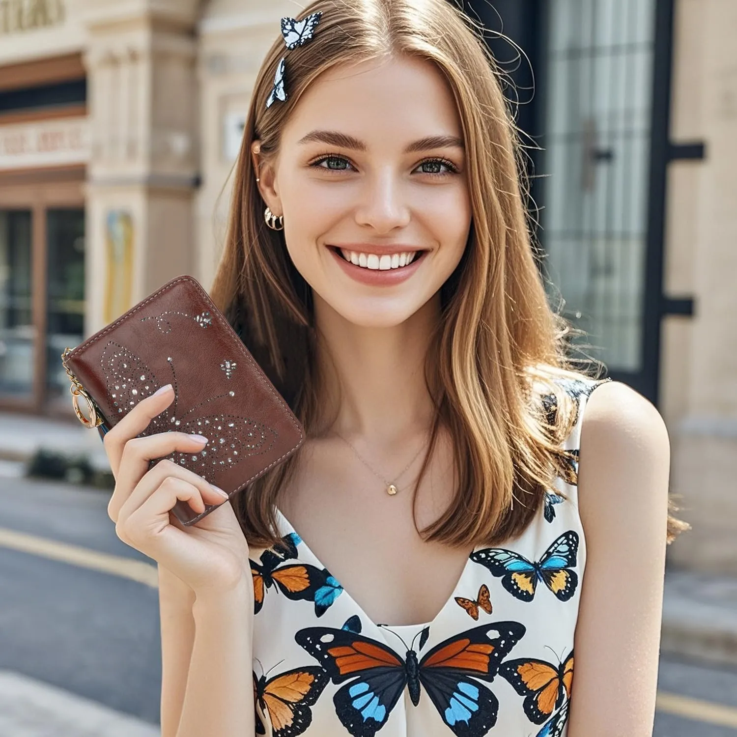 Women RFID Blocking Small Bifold Wallet, Compact Cash Clutch with Zipper Coin Pocket, Glittery Butterfly Design, Credit Card Holder, Travel Purse with Tassel COFFEE