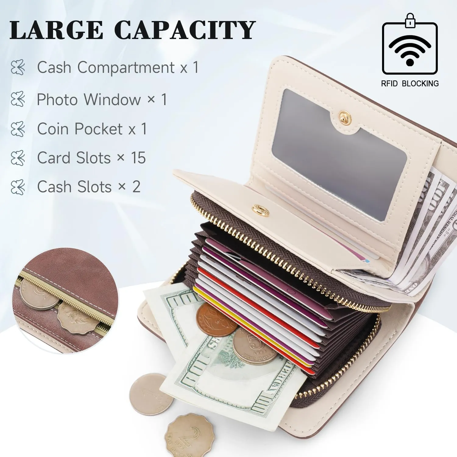 Women RFID Blocking Small Bifold Wallet, Compact Cash Clutch with Zipper Coin Pocket, Glittery Butterfly Design, Credit Card Holder, Travel Purse with Tassel COFFEE