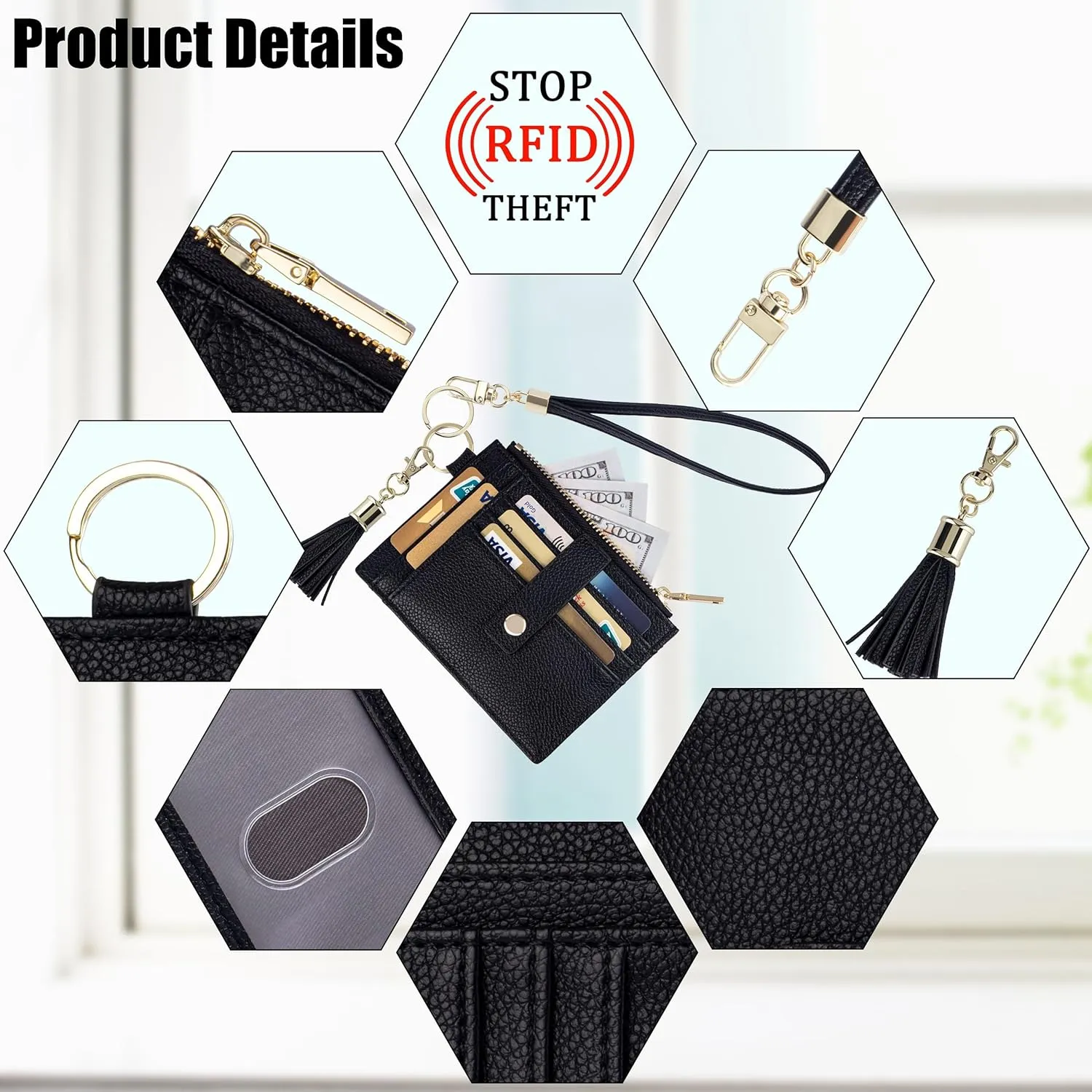 Wristlet Keychain Wallet for Women Slim Rfid Blocking Credit Card Holder Wristlet Zip Id Case Wallet Small Compact Leather Wallet Coin Purse for Women (Black)