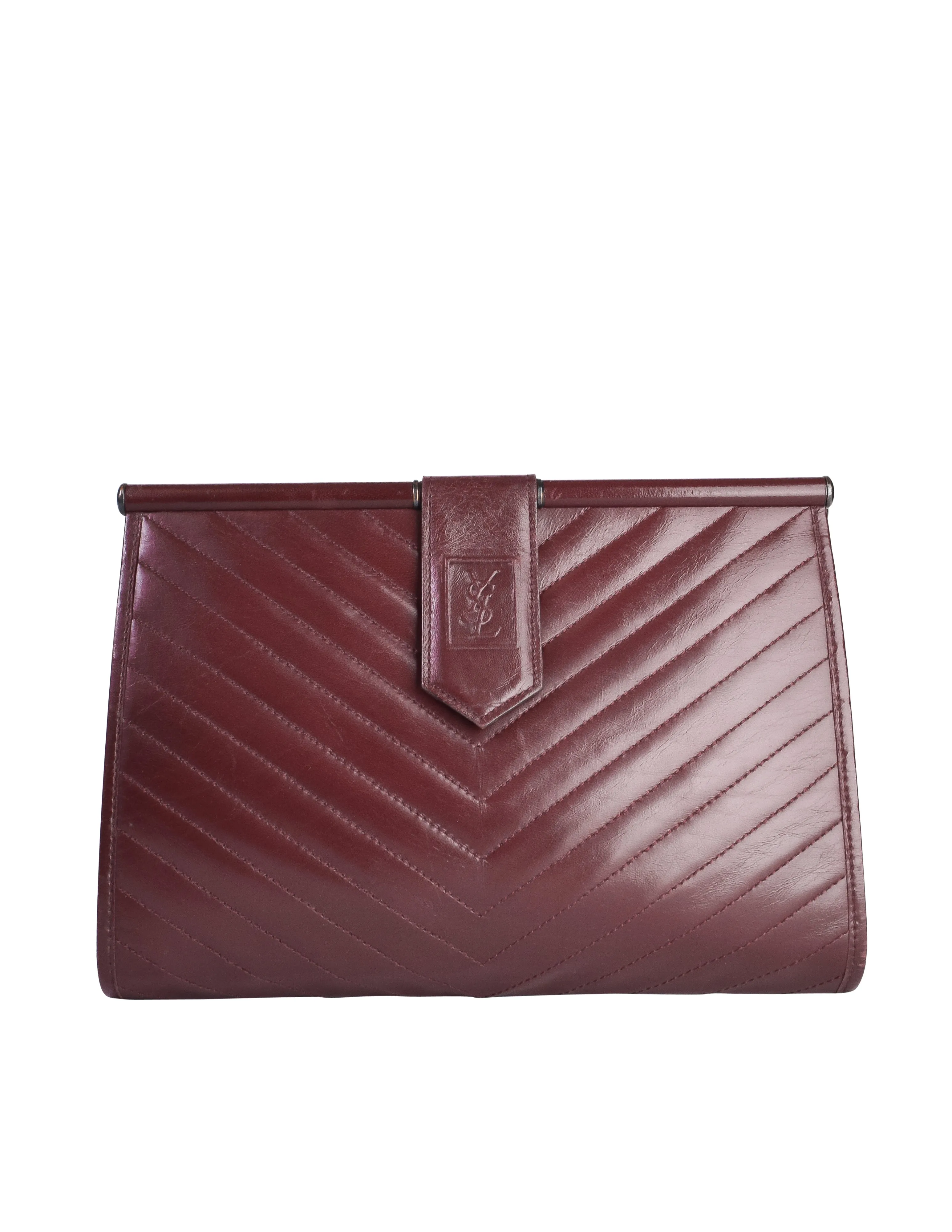 Yves Saint Laurent Vintage Burgundy Leather Chevron Quilted YSL Logo Large Clutch Bag