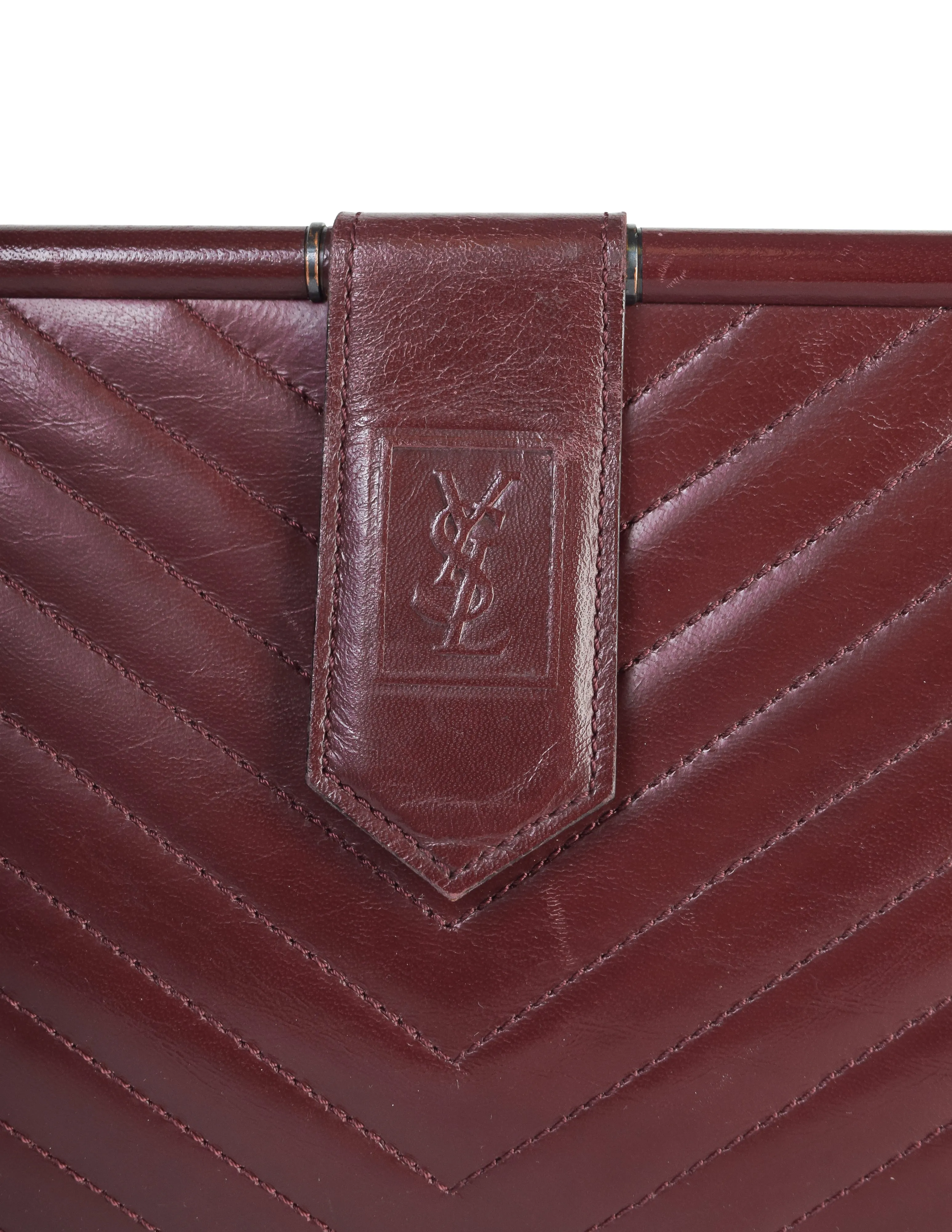 Yves Saint Laurent Vintage Burgundy Leather Chevron Quilted YSL Logo Large Clutch Bag
