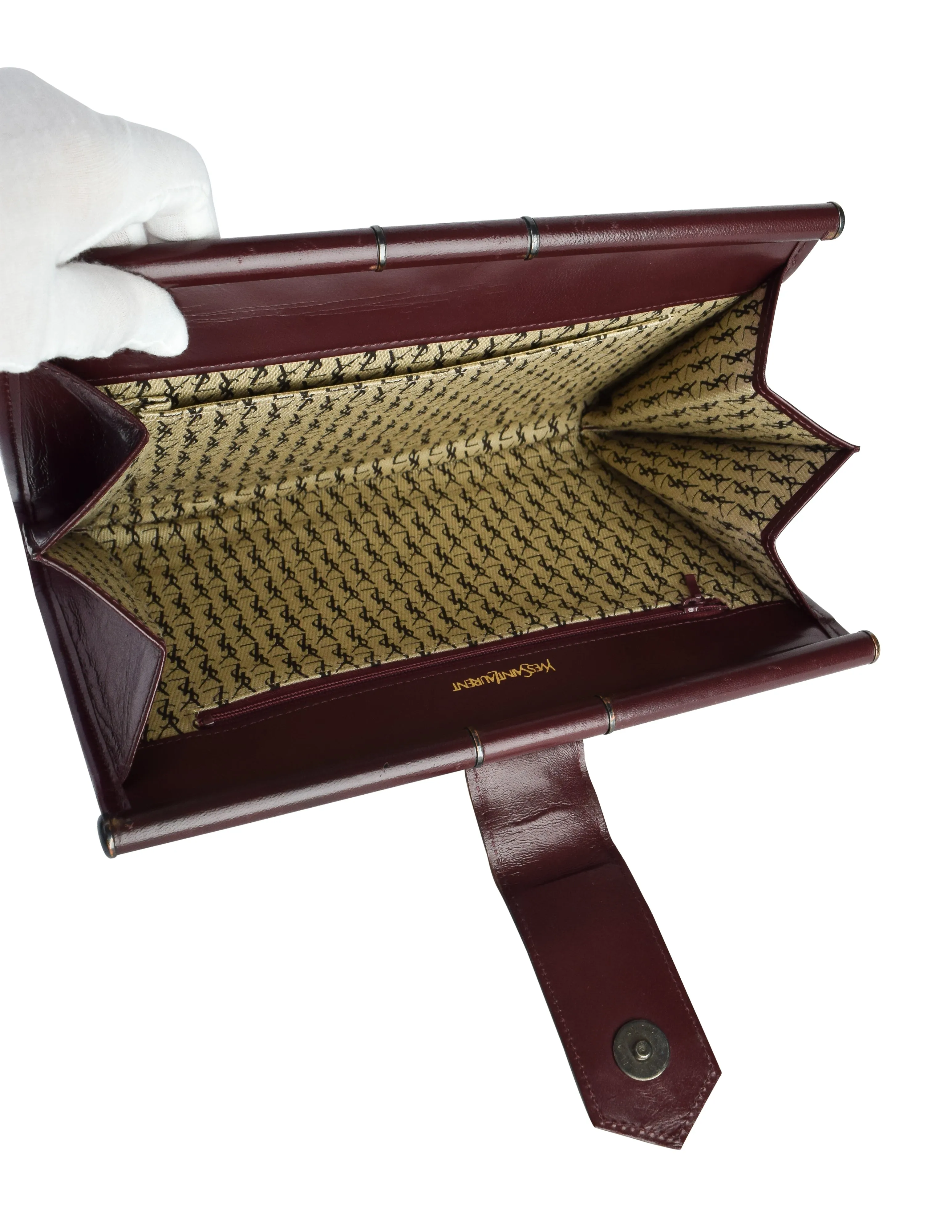 Yves Saint Laurent Vintage Burgundy Leather Chevron Quilted YSL Logo Large Clutch Bag