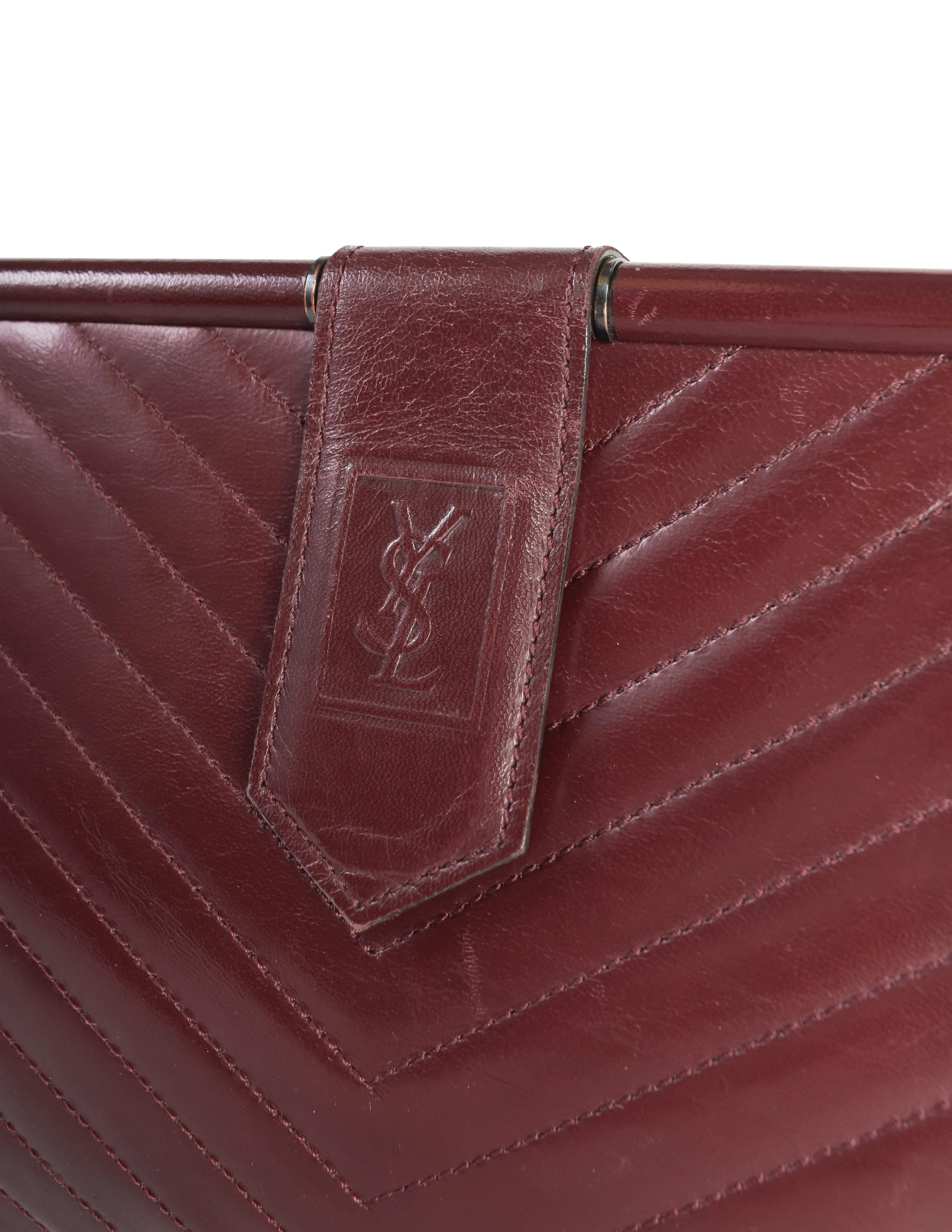 Yves Saint Laurent Vintage Burgundy Leather Chevron Quilted YSL Logo Large Clutch Bag