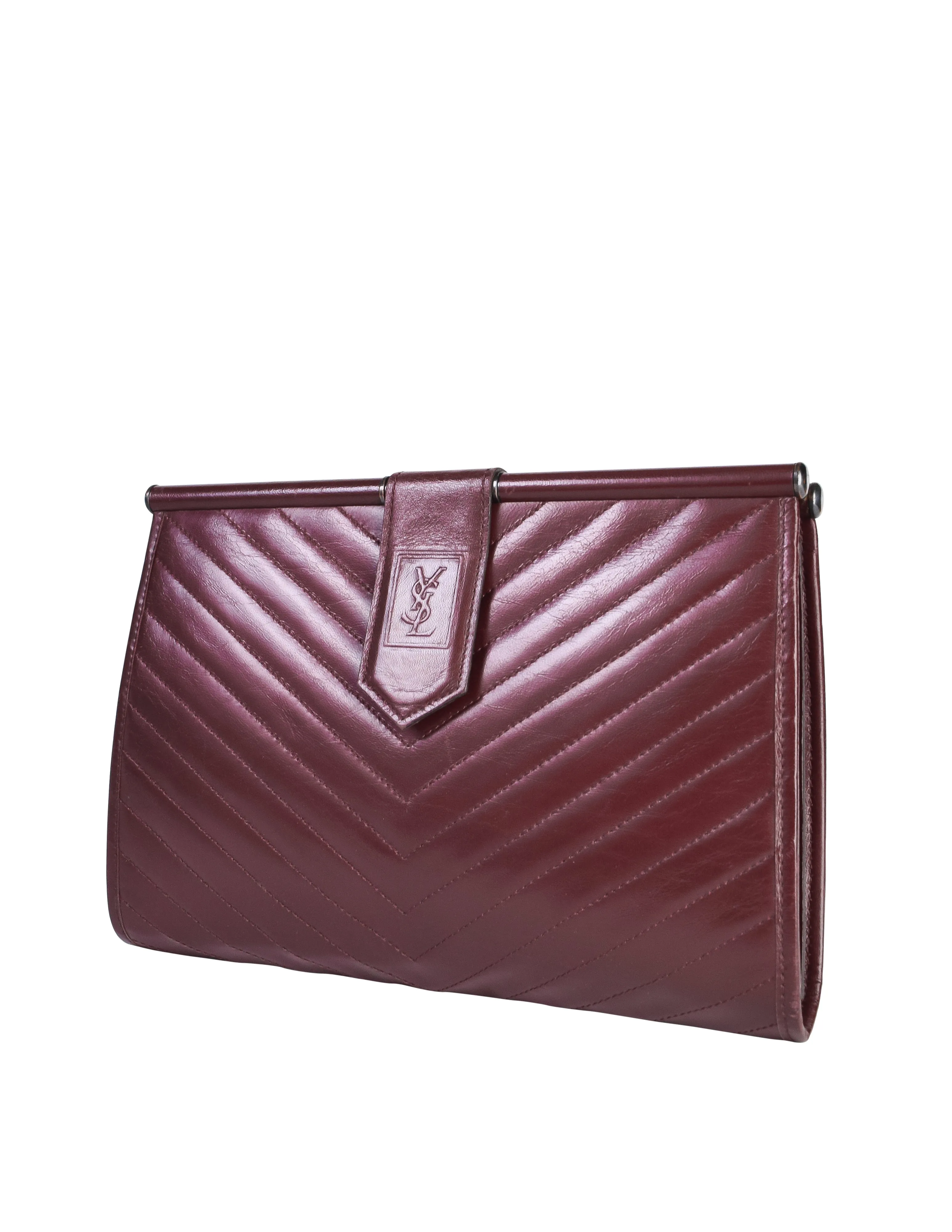 Yves Saint Laurent Vintage Burgundy Leather Chevron Quilted YSL Logo Large Clutch Bag