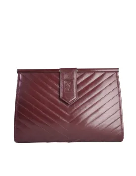 Yves Saint Laurent Vintage Burgundy Leather Chevron Quilted YSL Logo Large Clutch Bag