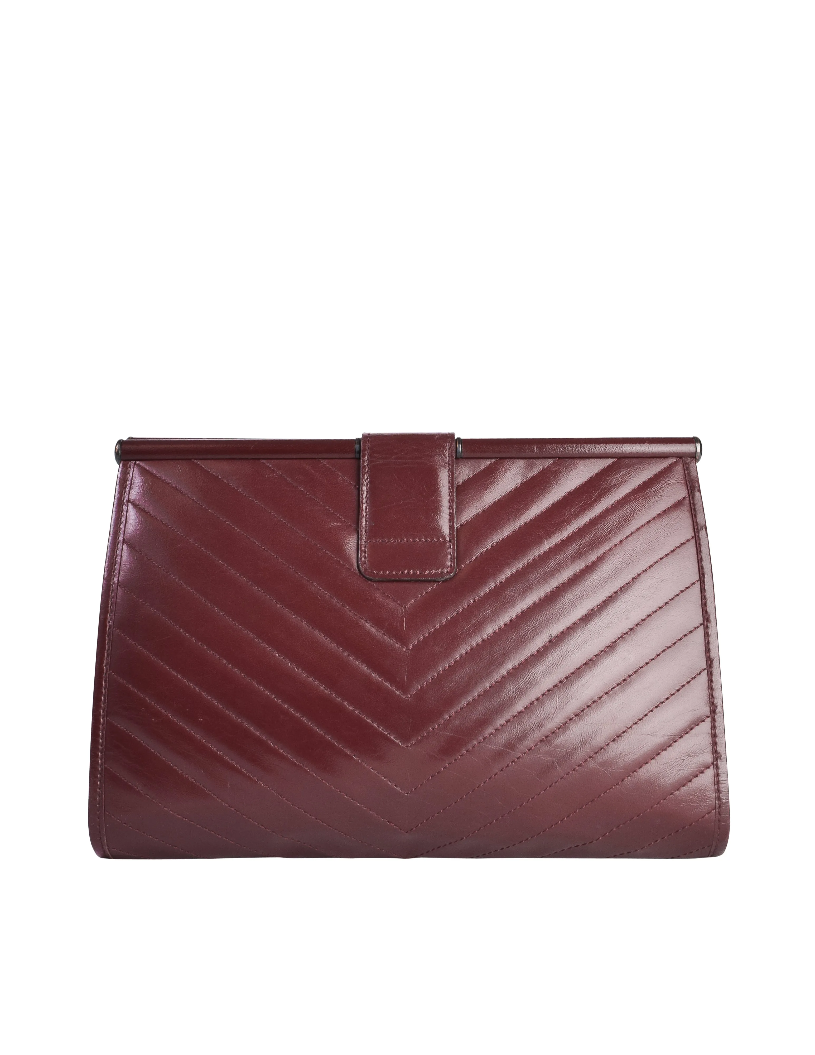 Yves Saint Laurent Vintage Burgundy Leather Chevron Quilted YSL Logo Large Clutch Bag